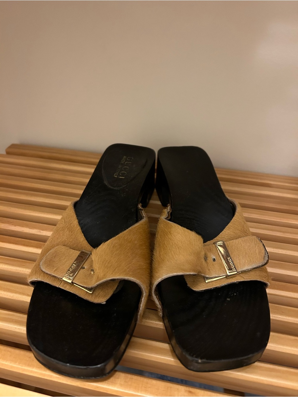 Gucci Tan Fur Slide Sandals with Gold Buckle Accent
